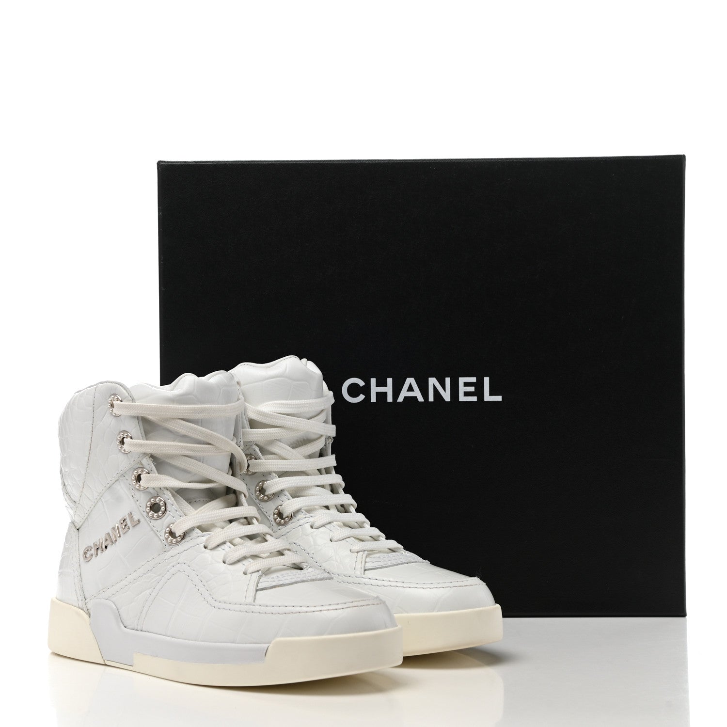 Chanel Calfskin Crocodile Embossed Cocodile High Top Sneakers 35.5 White 9 of 9