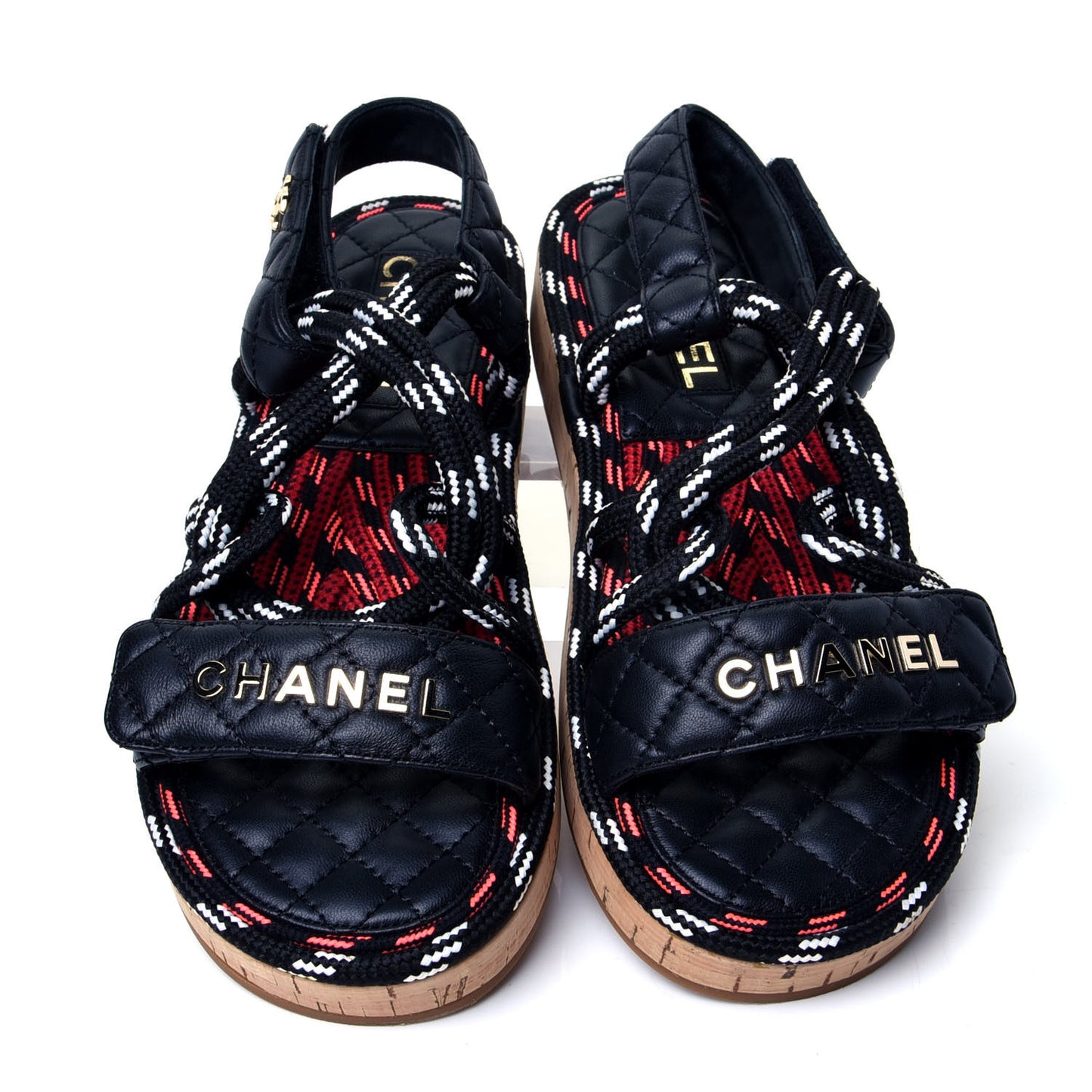 Cord Lambskin Quilted Logo Sandals 38 Black White