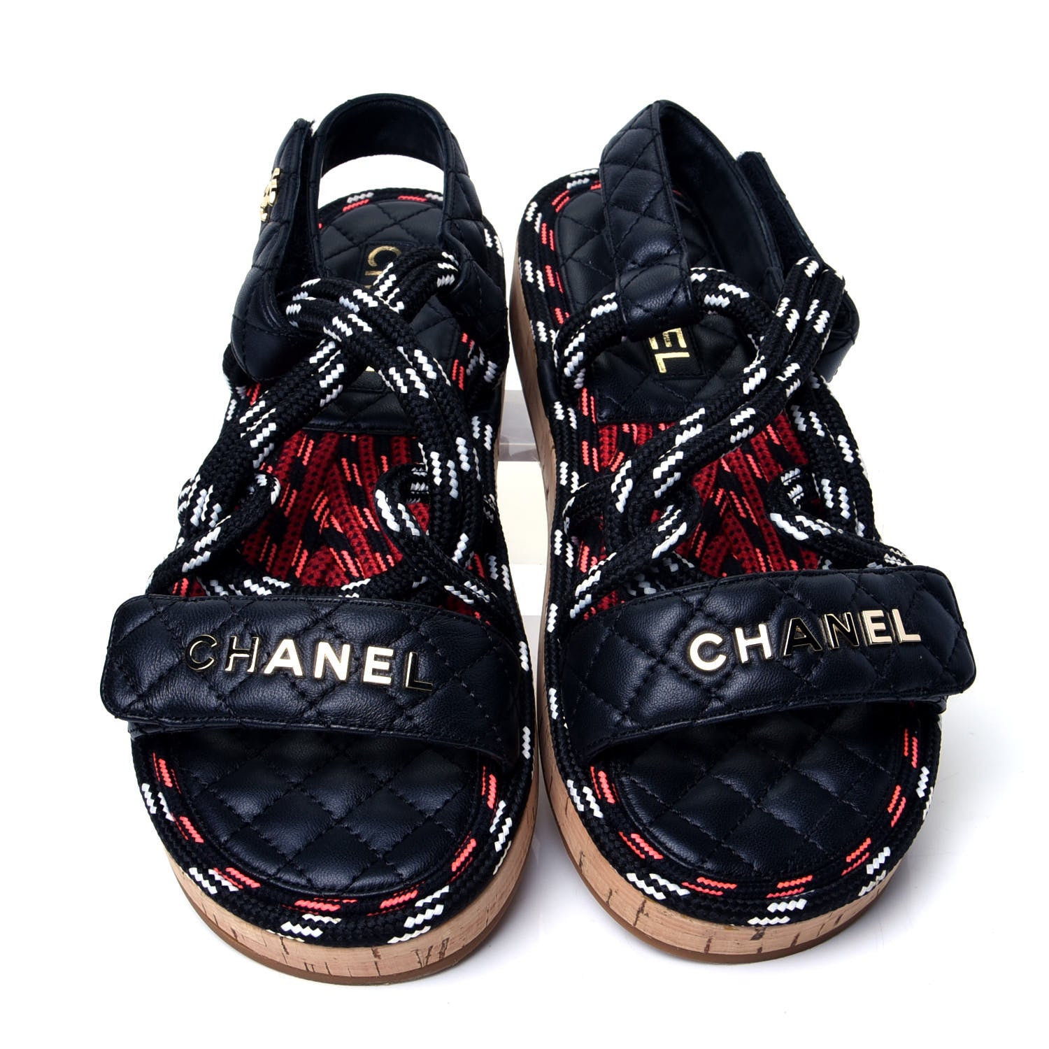 Chanel Cord Lambskin Quilted Logo Sandals 38 Black White 5 of 10