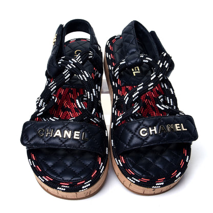 Chanel Cord Lambskin Quilted Logo Sandals 38 Black White 5 of 10