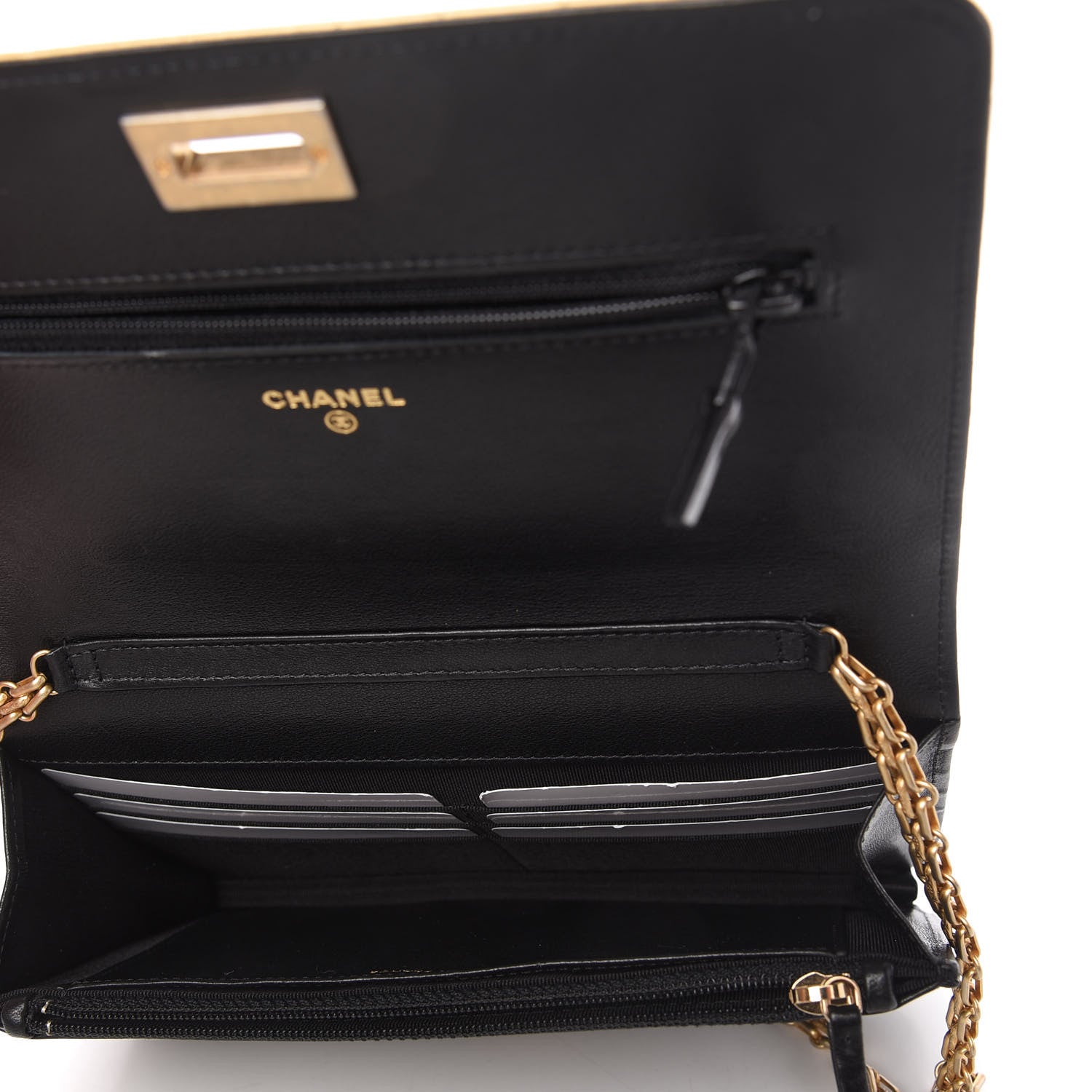 Chanel Lambskin Metallic Calfskin Crocodile Embossed 2.55 Reissue Wallet On Chain WOC Black Gold 5 of 11