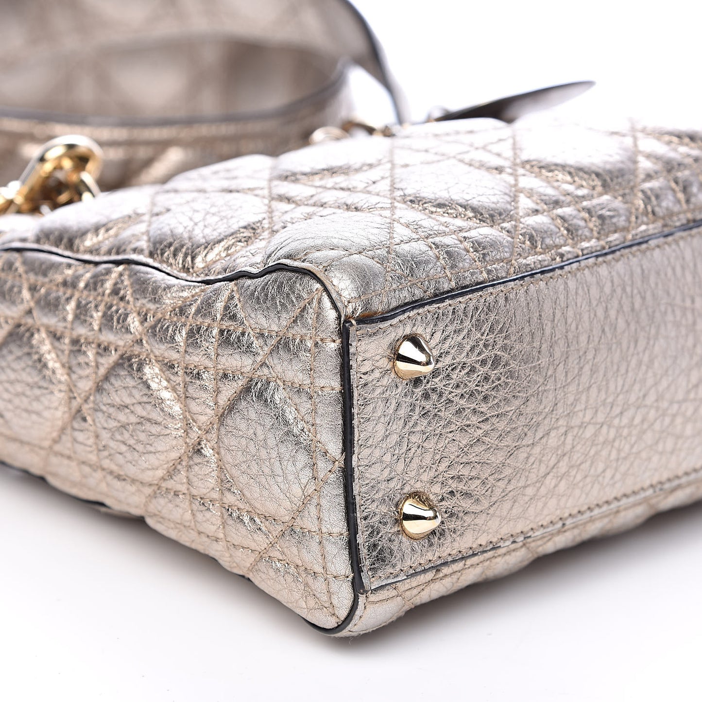 Metallic Grained Calfskin Cannage Small Supple Lady Dior Pale Gold