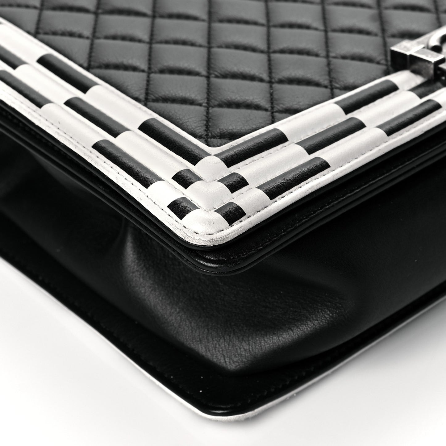 Calfskin Quilted Checkerboard Trim New Medium Boy Flap Black White