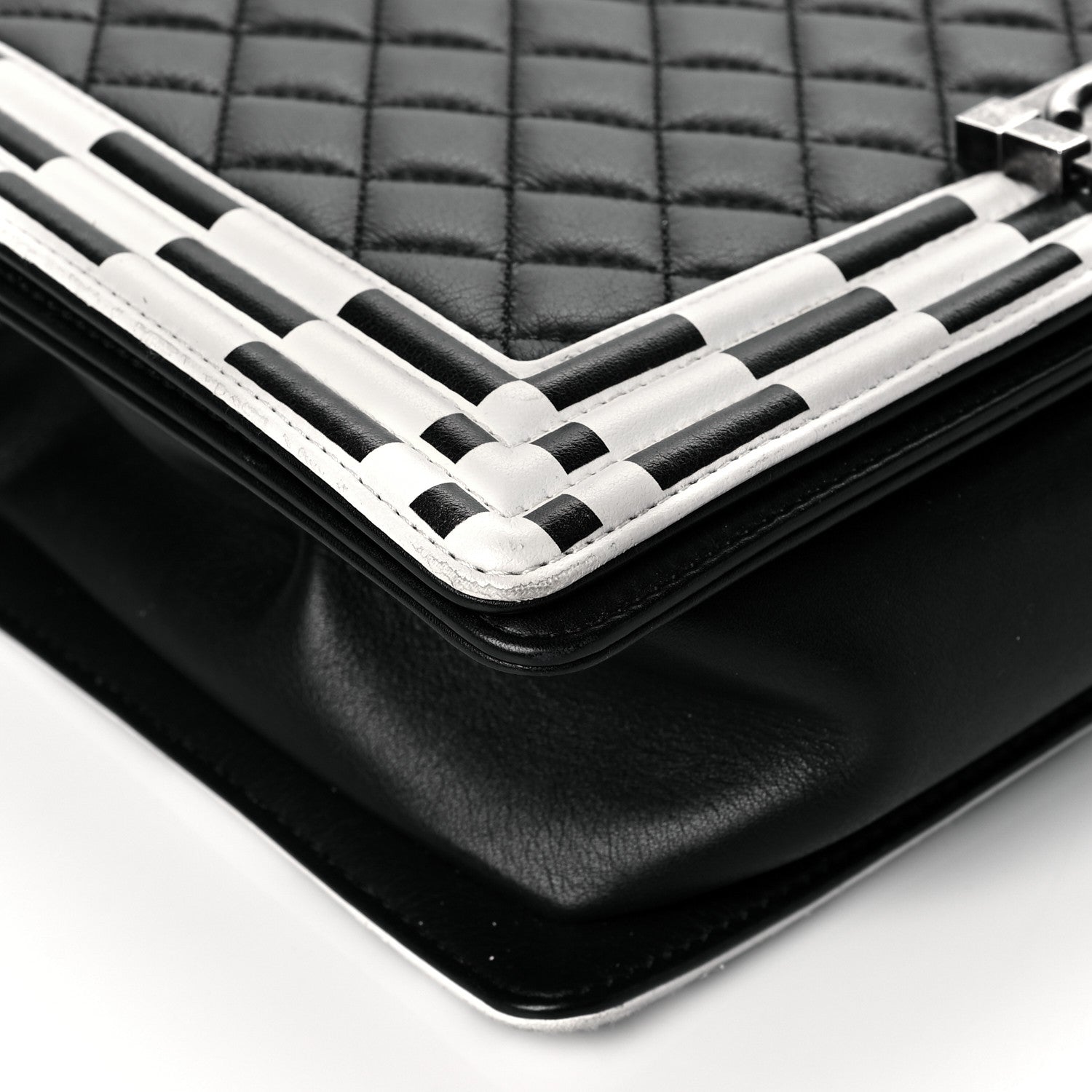 Chanel Calfskin Quilted Checkerboard Trim New Medium Boy Flap Black White 9 of 10