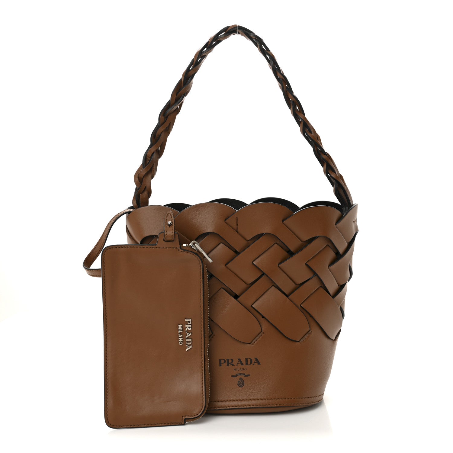Prada Vitello Intreccio Tress Bucket Bag Cognac Black 3 of 14