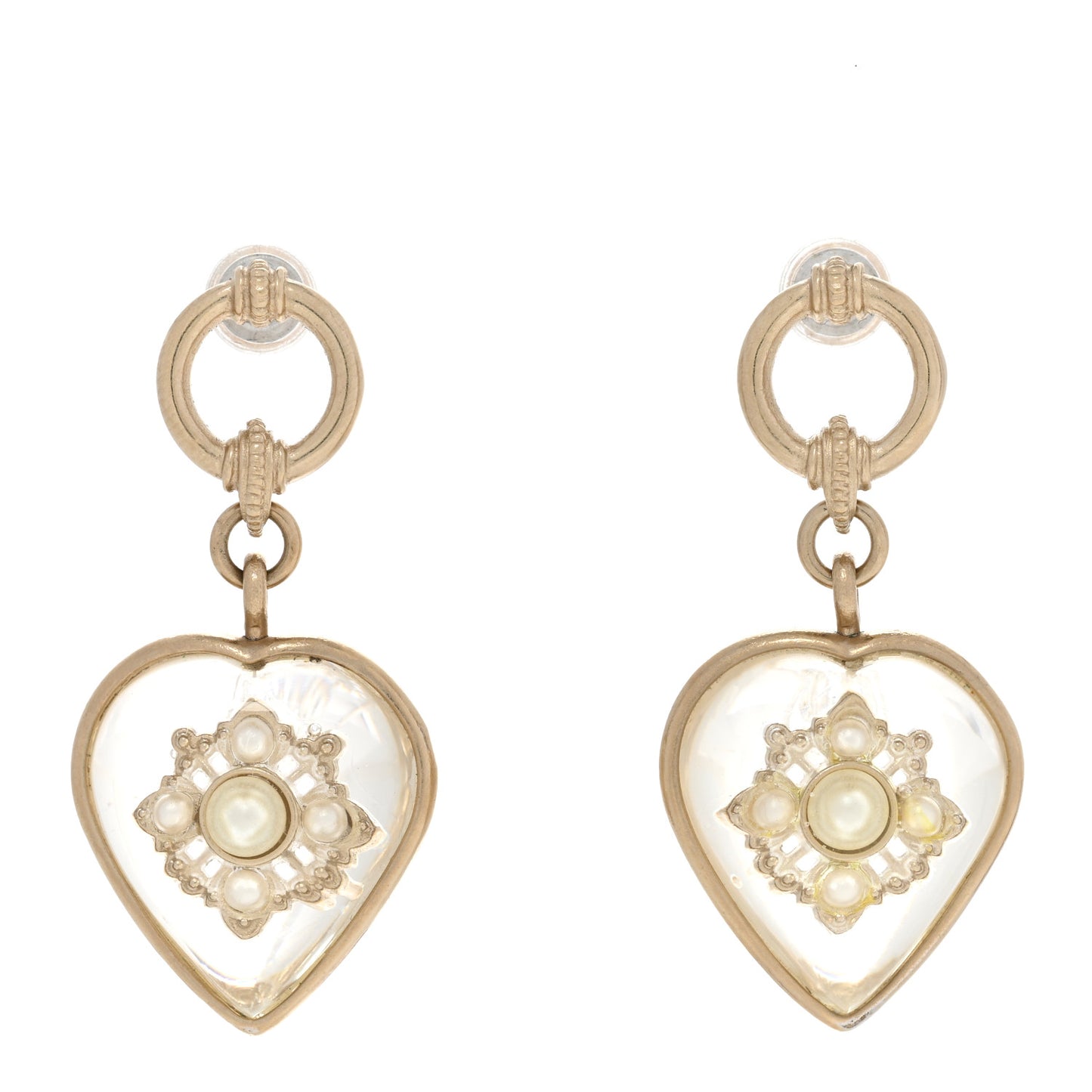 Crystal Pearl Heart CC Drop Earrings Transparent