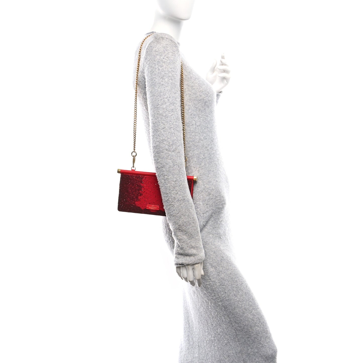 Nappa Crystal Embellished Clutch With Chain Red