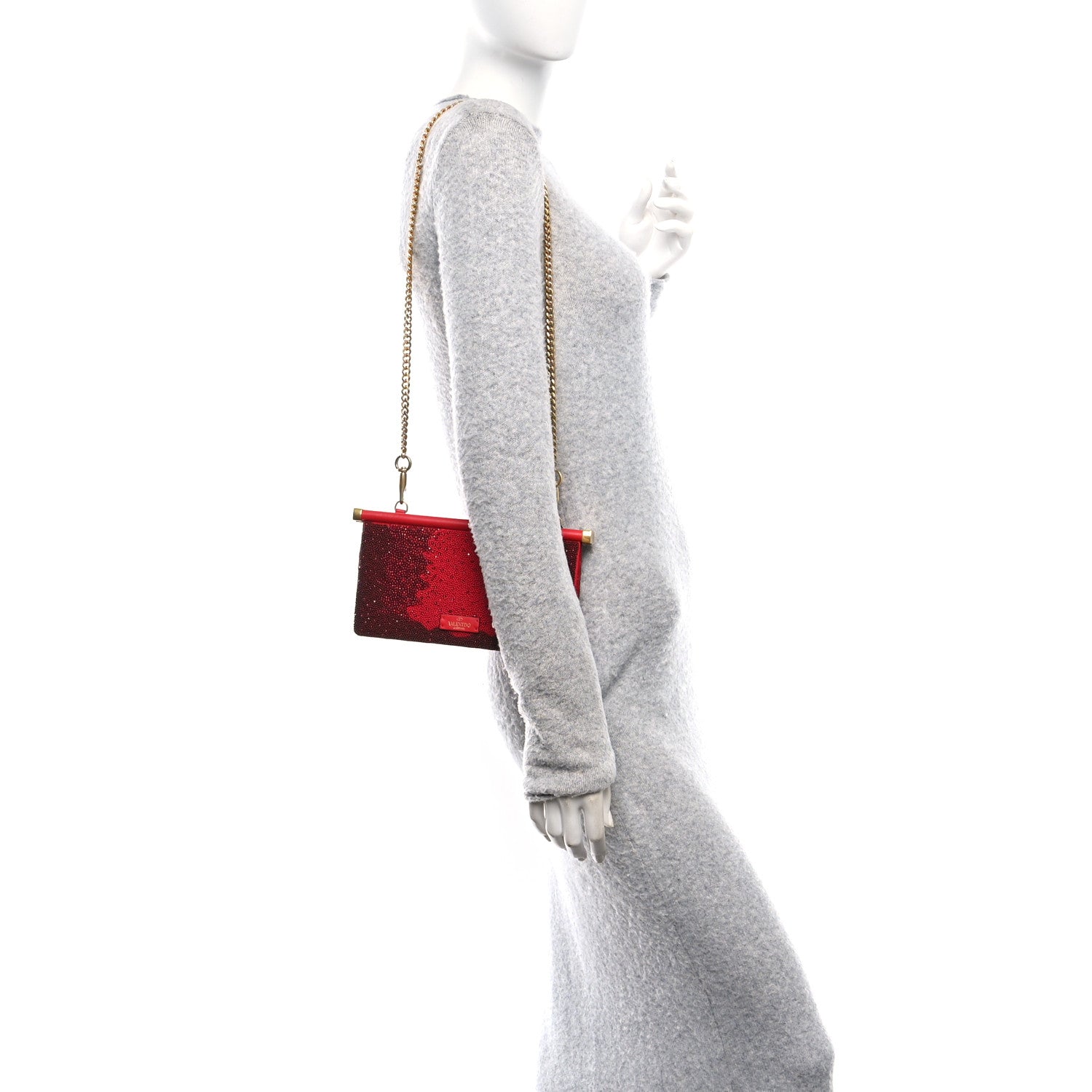 Valentino Garavani Nappa Crystal Embellished Clutch With Chain Red 2 of 9