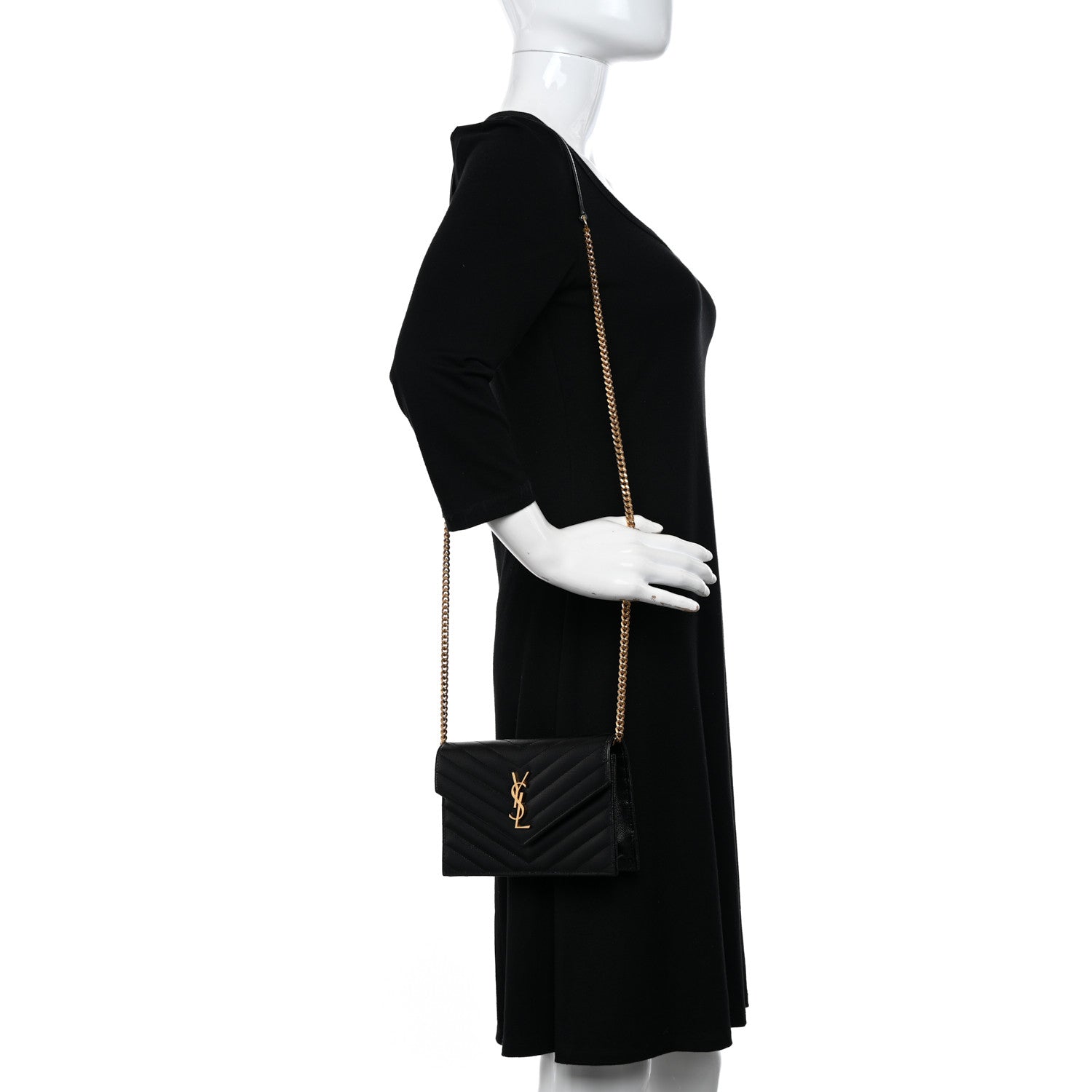 Saint Laurent Grain De Poudre Matelasse Chevron Monogram Envelope Chain Wallet Black 2 of 10