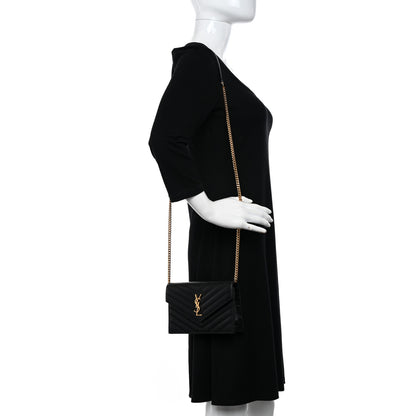 Saint Laurent Grain De Poudre Matelasse Chevron Monogram Envelope Chain Wallet Black 2 of 10