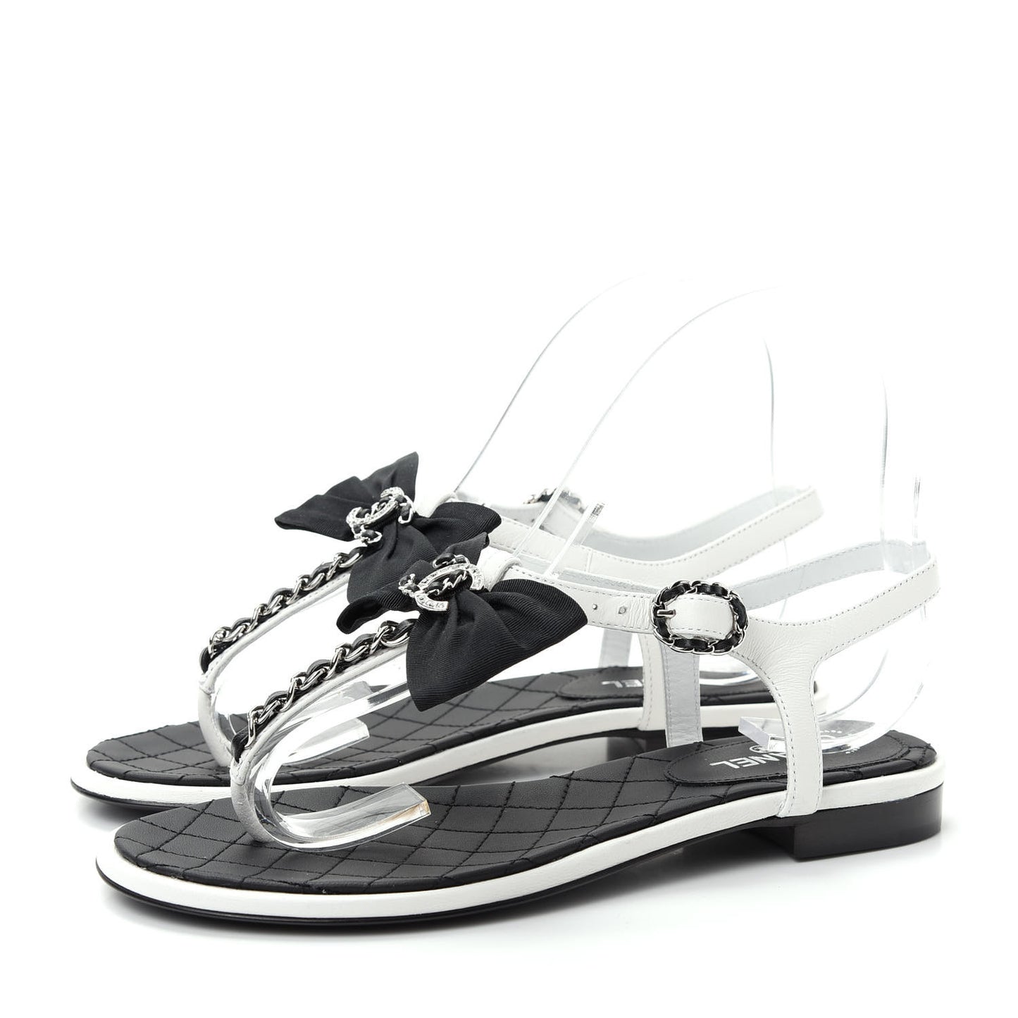 Lambskin Crystal Chain CC Logo Thong Sandals 35.5 White