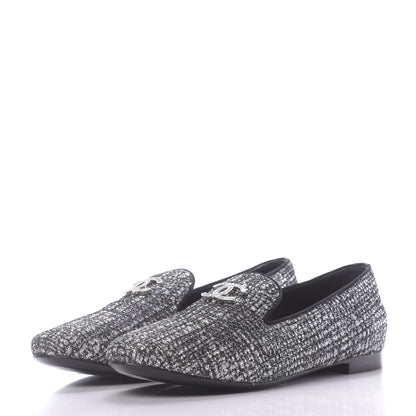 Chanel Fantasy Fabric Grosgrain CC Mocassin Loafers 37 White Black 3 of 11