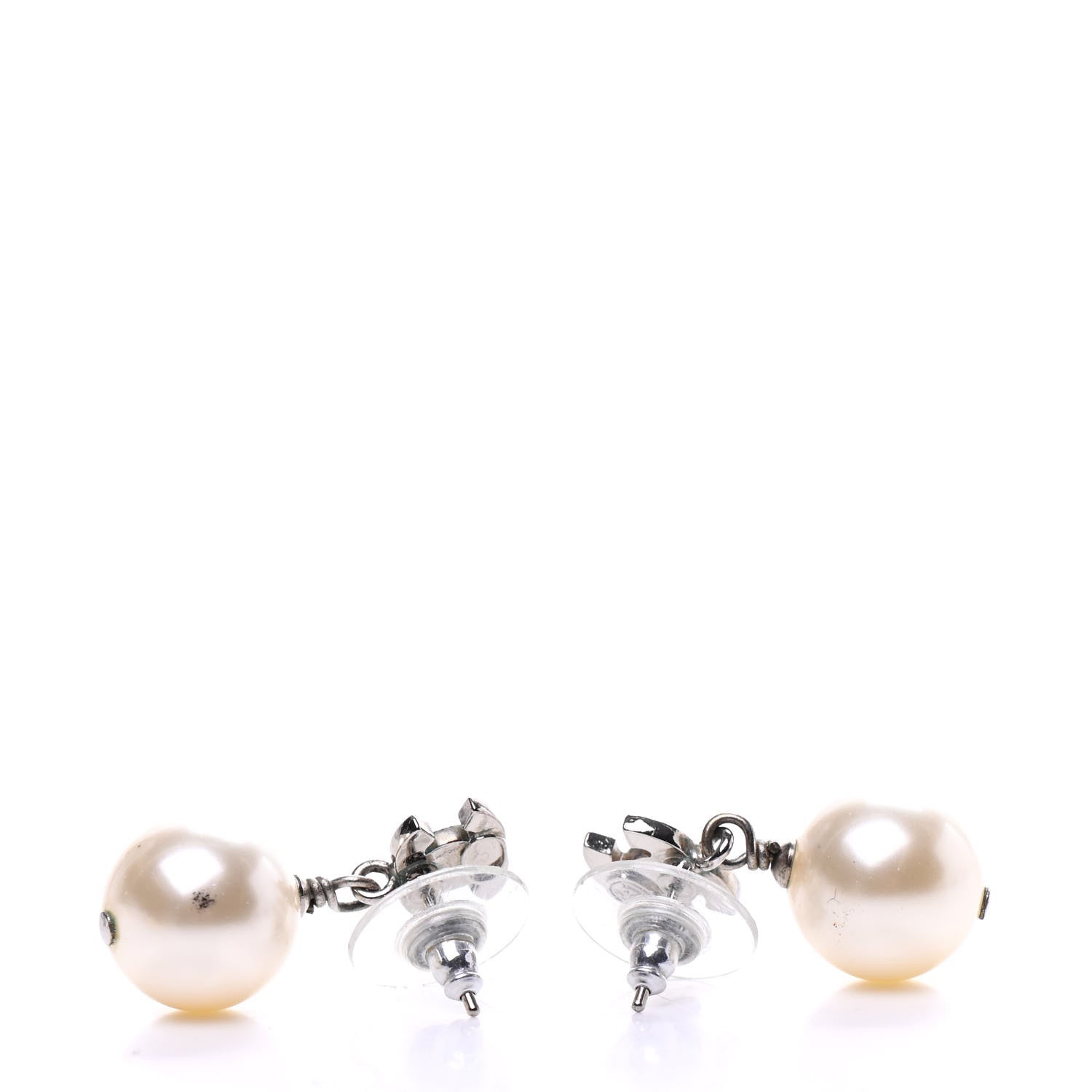 Chanel Crystal Pearl CC Drop Earrings Silver Pearly White 3 of 4