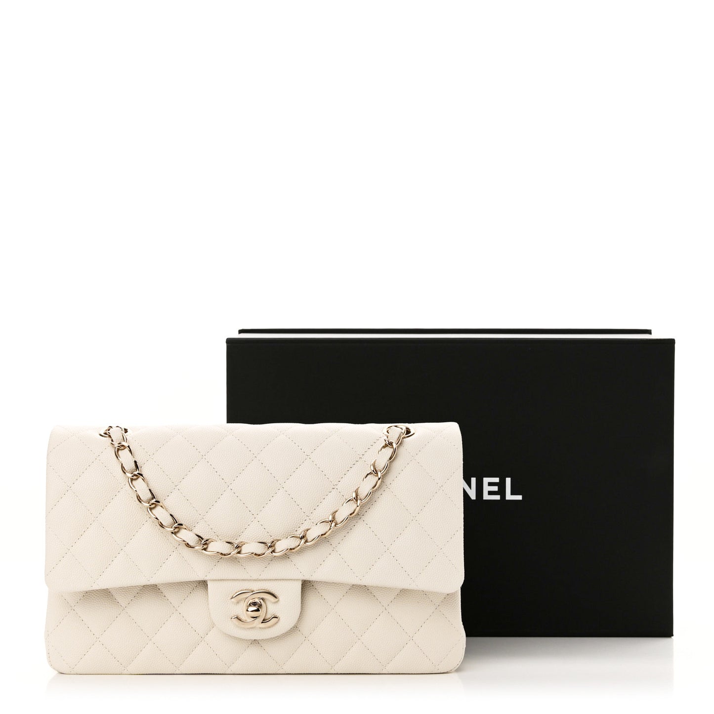 Caviar Quilted Medium Double Flap White
