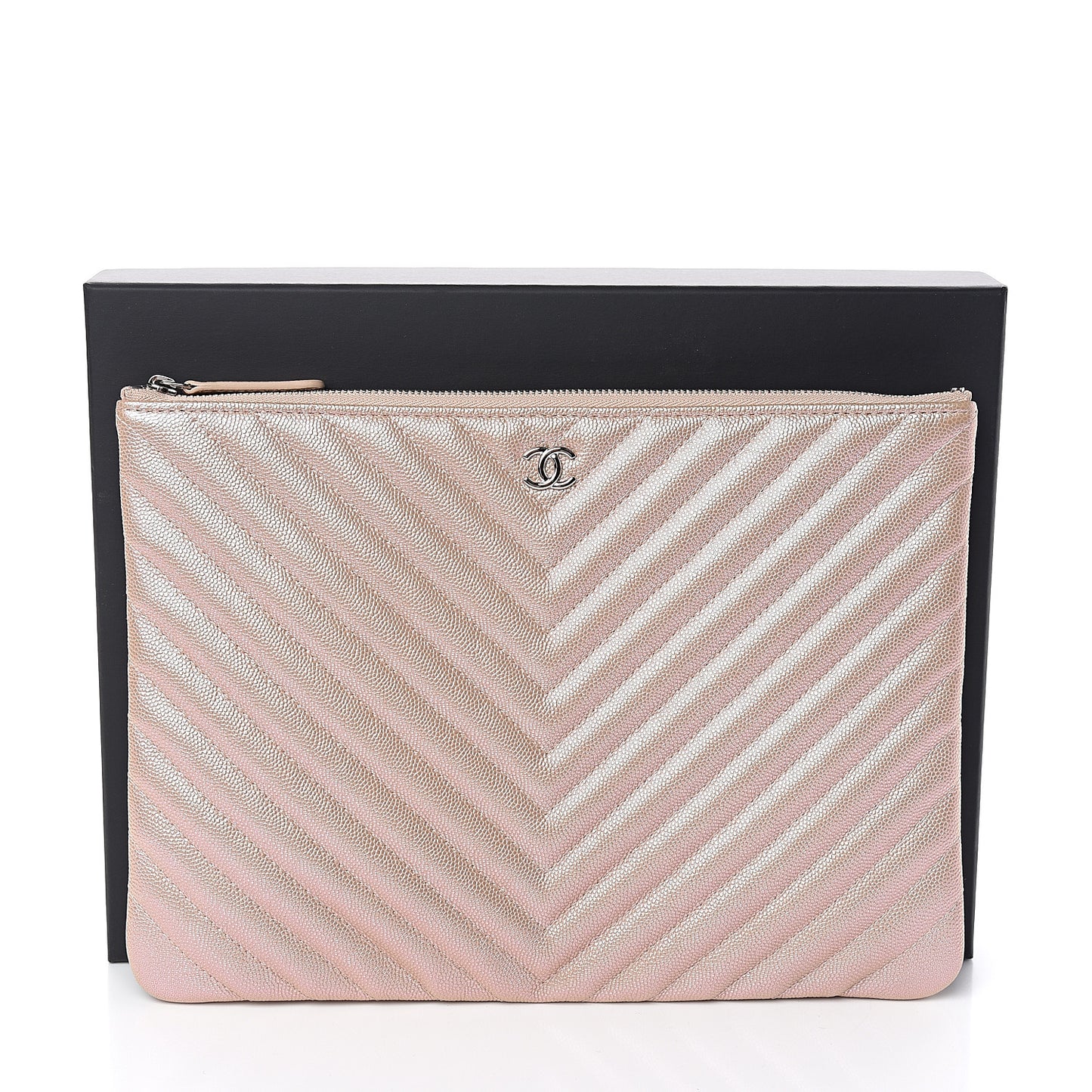 Iridescent Caviar Chevron Quilted Medium Cosmetic Case Light Gold