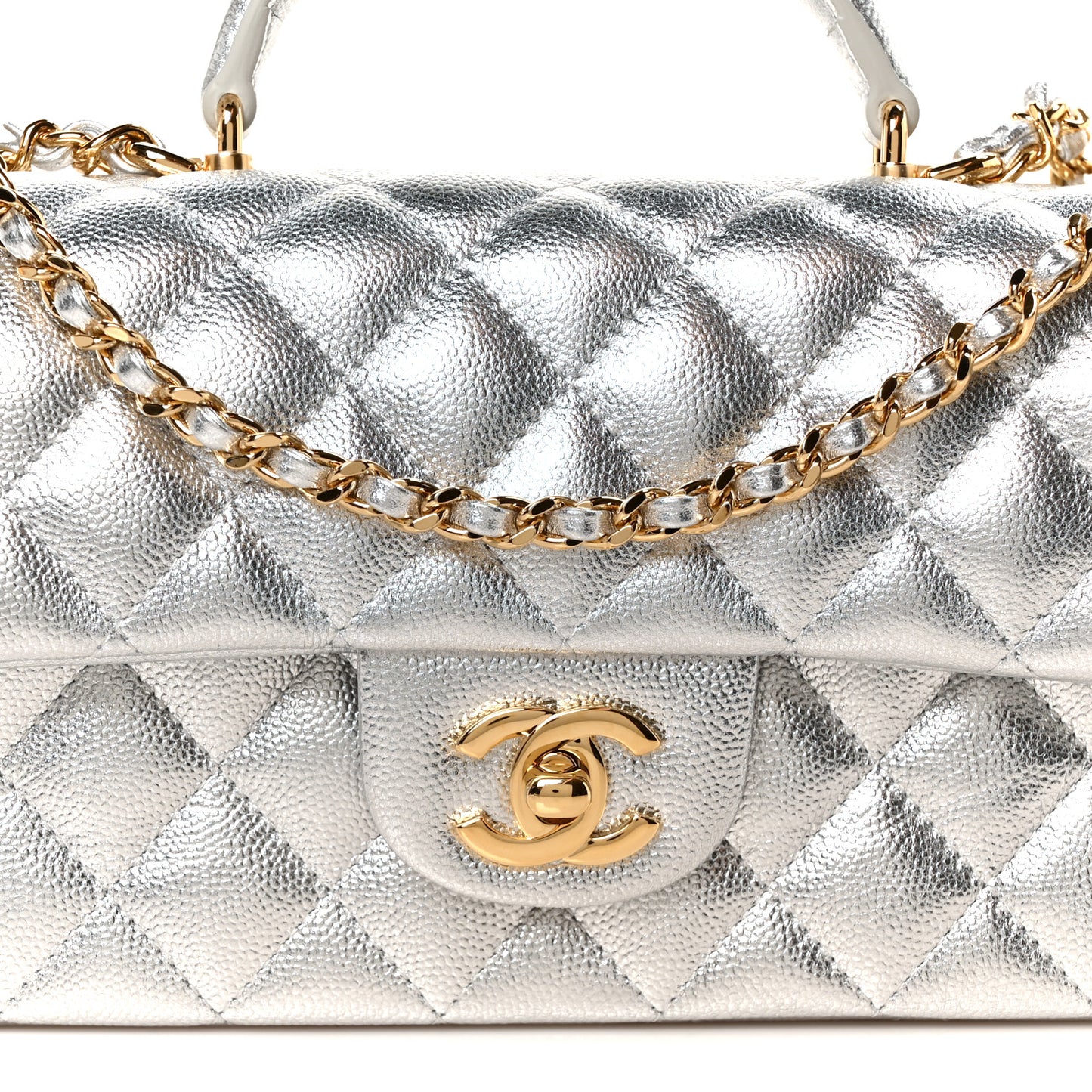 Metallic Caviar Quilted Top Handle East West Flap Silver