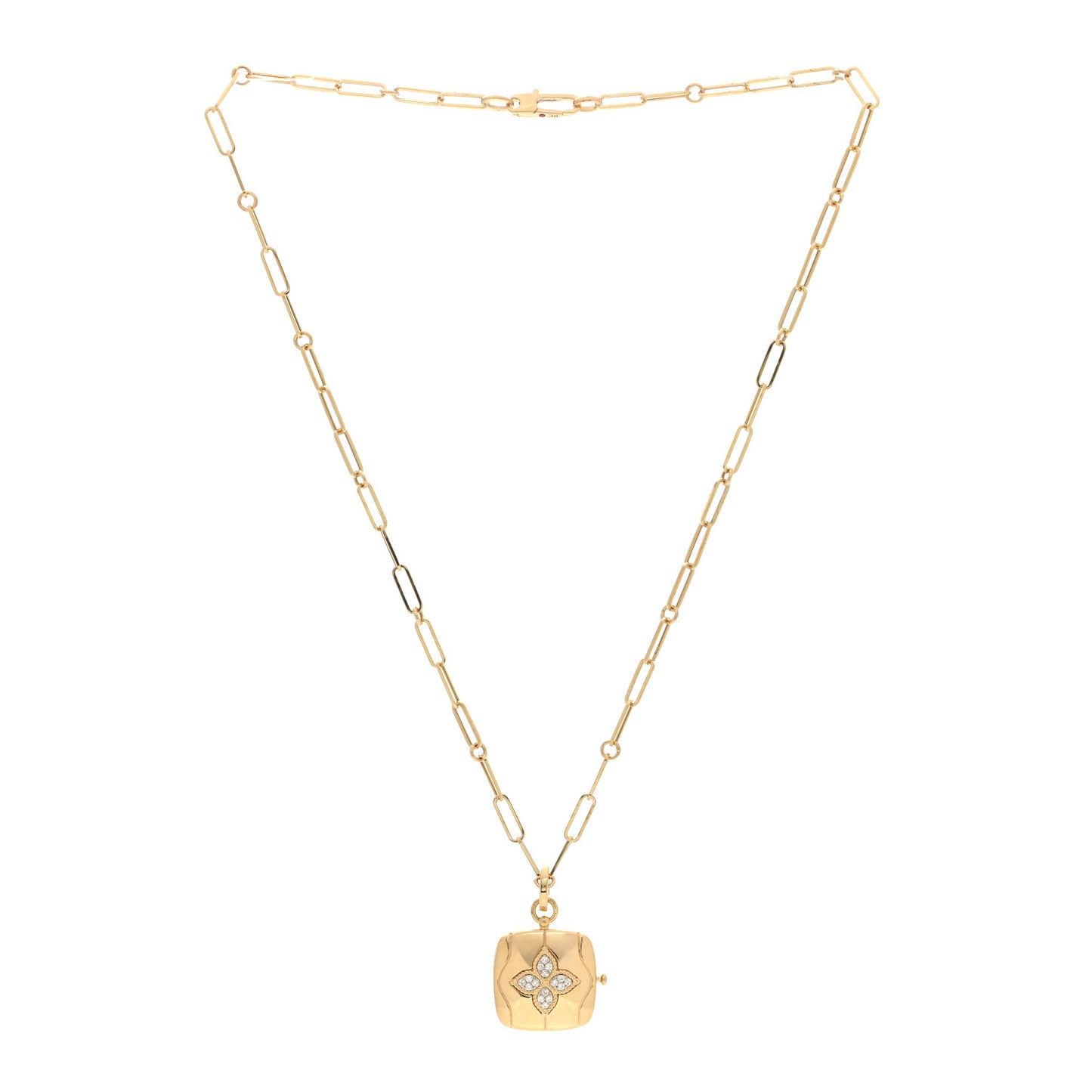 18K Yellow Gold Diamond Princess Flower Locket Pendant Necklace