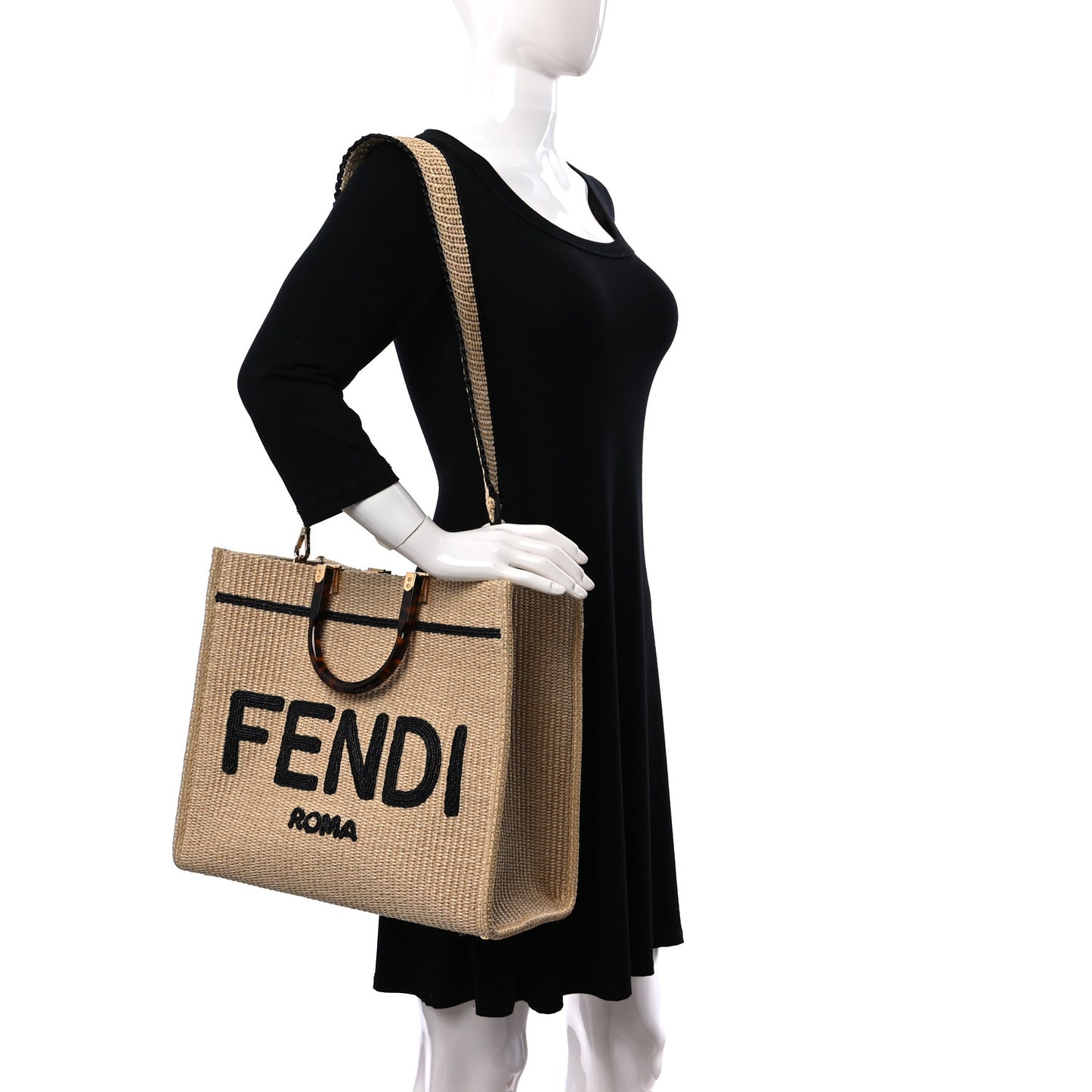 Straw Vitello King Plexiglass Woven Medium Fendi Sunshine Shopper Tote Natural Black