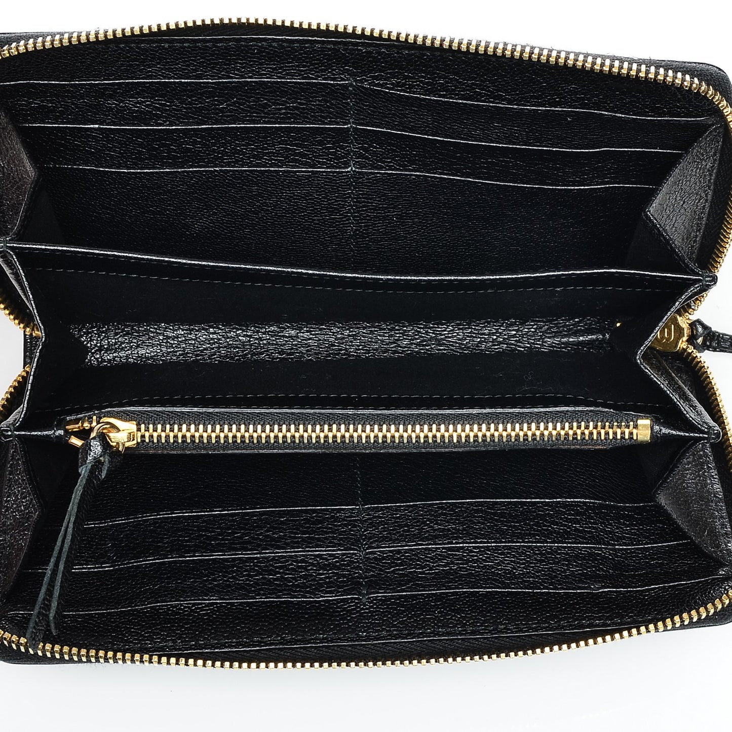 Chevre Gold Metallic Edge Hardware Zip Around Wallet Black