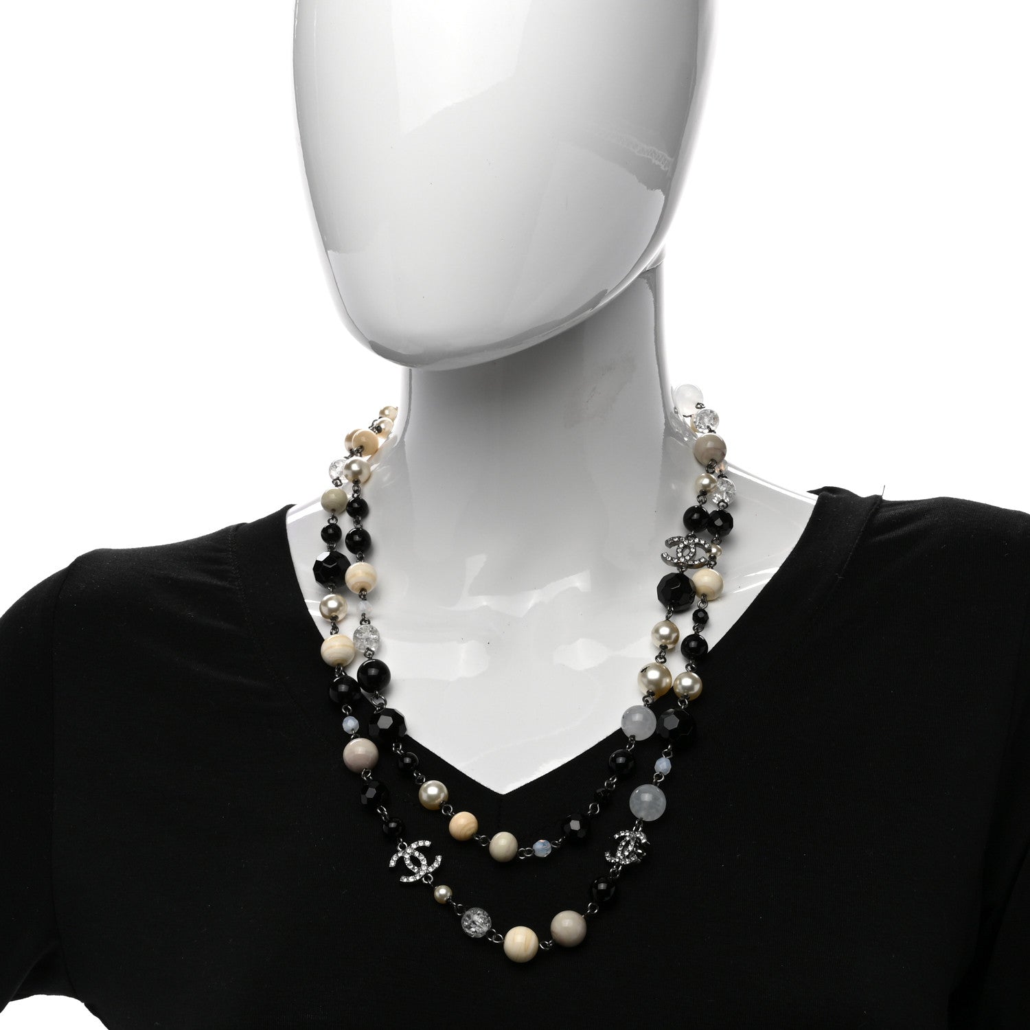 Chanel Pearl Crystal Bead CC Long Necklace Black Silver 2 of 5