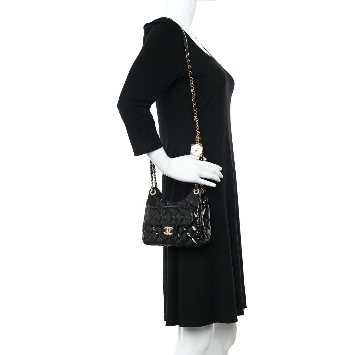 Shiny Crumpled Calfskin Quilted Small Wavy CC Hobo Black