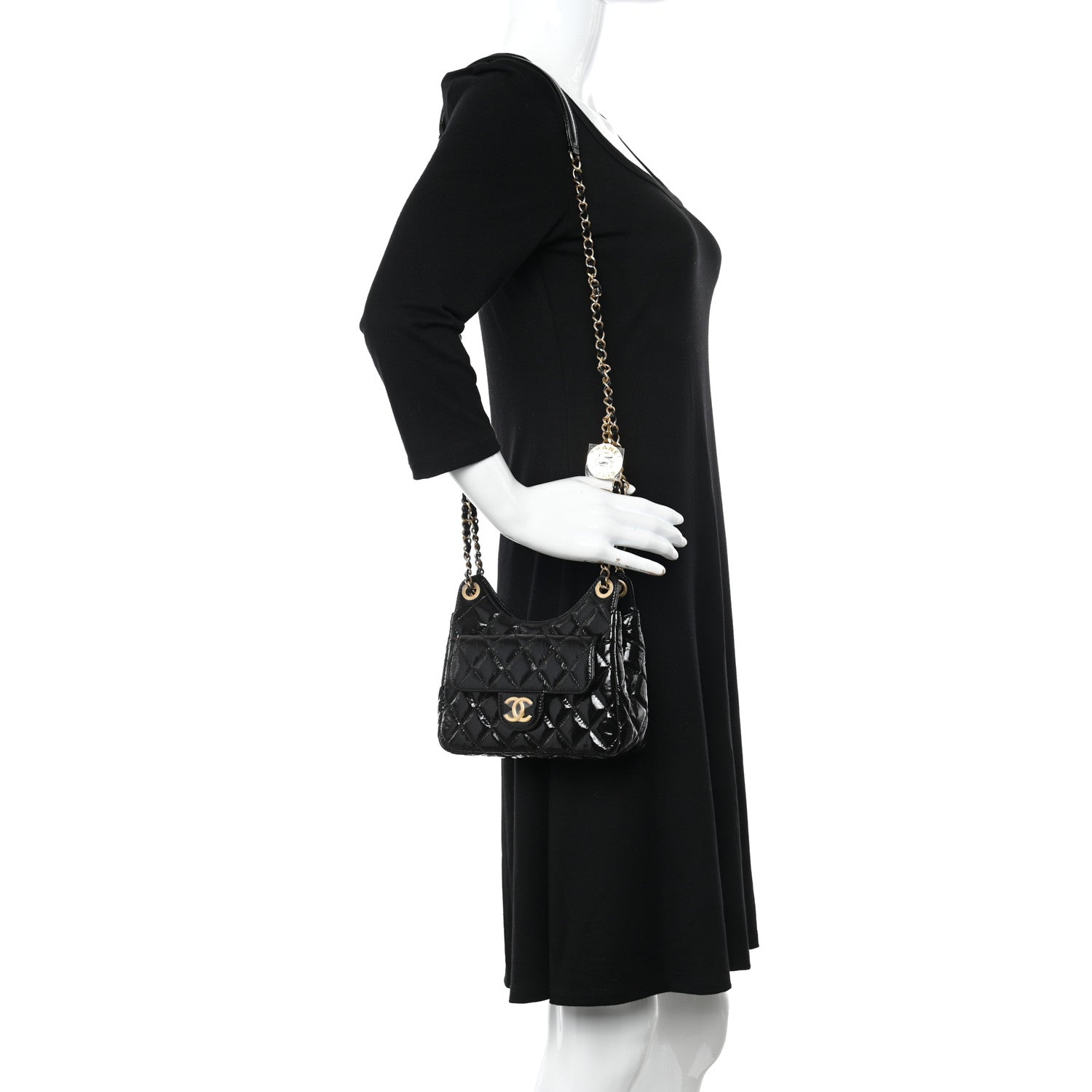 Chanel Shiny Crumpled Calfskin Quilted Small Wavy CC Hobo Black 2 of 8