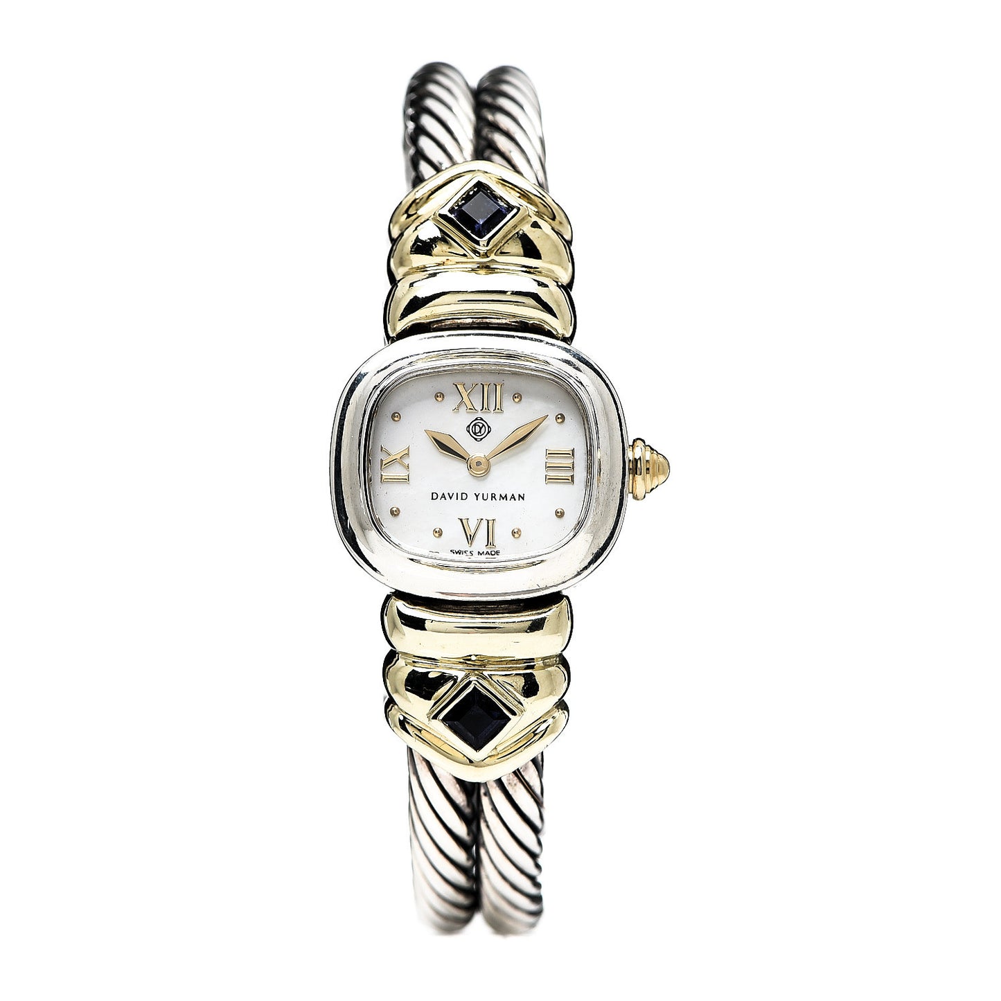 Sterling Silver 14K Yellow Gold Mother of Pearl Iolite 21mm Classic Cable Quartz Watch