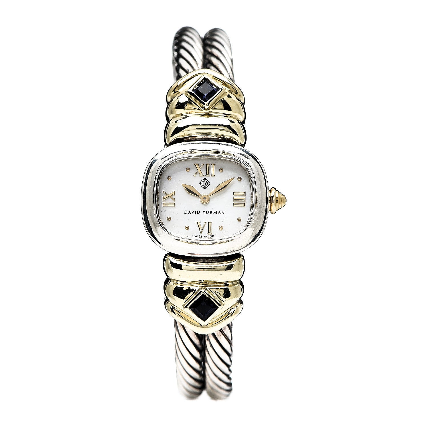 David Yurman Sterling Silver 14K Yellow Gold Mother of Pearl Iolite 21mm Classic Cable Quartz Watch 1 of 6