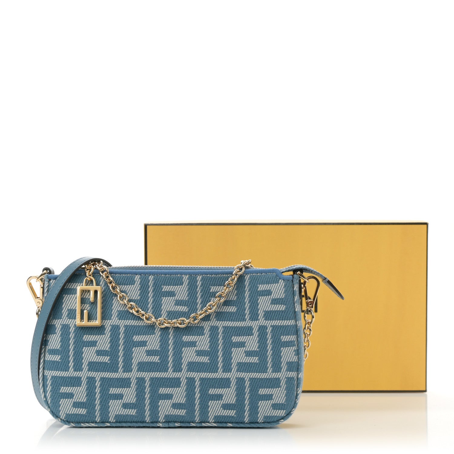 Fendi Denim Effect Fabric Jacquard FF Baguette Pouch Blue 1756929