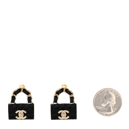 Chanel Metal Resin Lambskin Quilted CC Turnlock Chain Flap Bag Earrings Black Gold 2 of 4