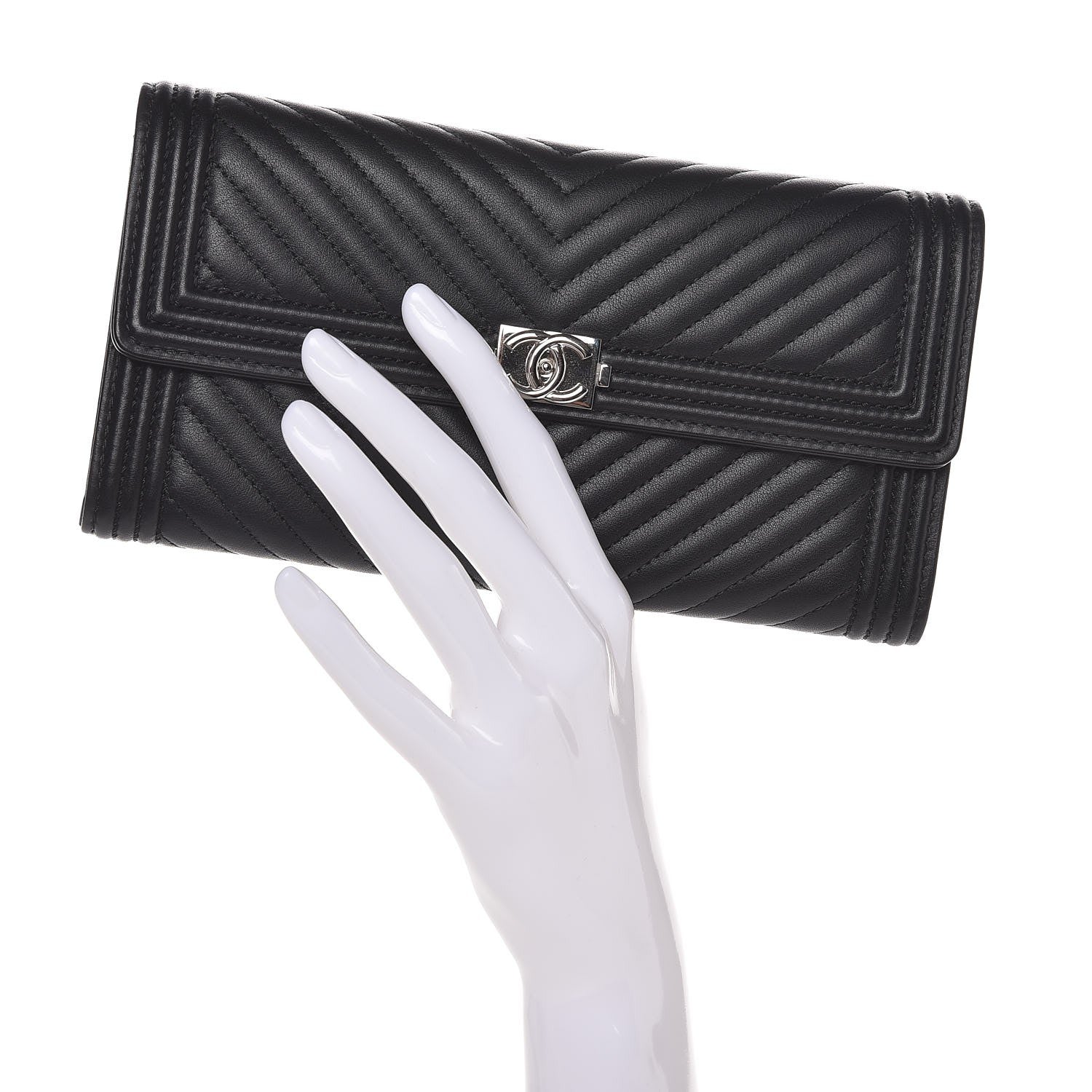 Chanel Calfskin Chevron Quilted Boy Flap Wallet Black 2 of 8