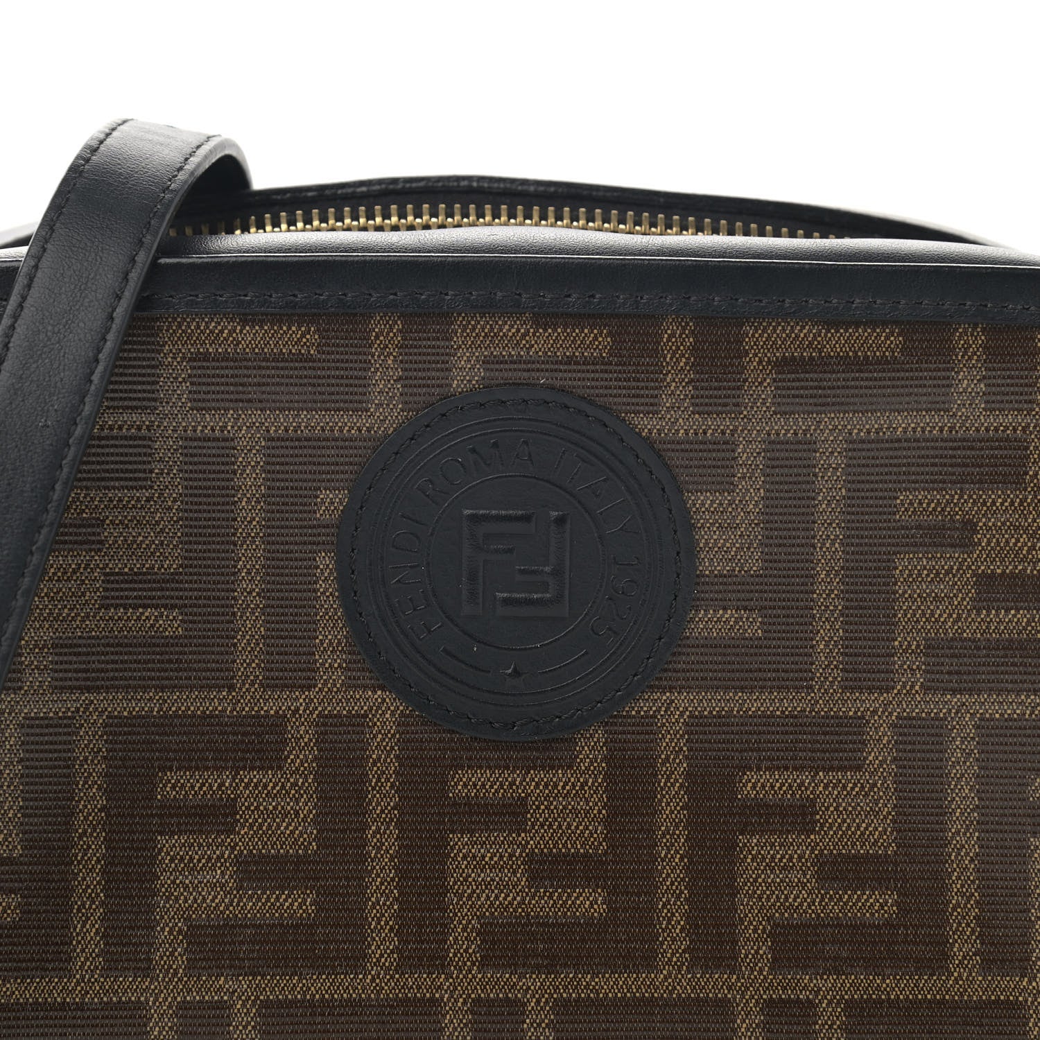 Fendi Glazed Fabric Vitello Century FF 1974 Stamp Patch Mini Camera Case Mogano Panna Black 8 of 12
