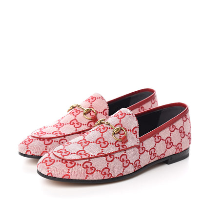 Gucci Canvas GG Monogram Horsebit Womens Jordaan Loafers 37 Gardenia Hibiscus Red 3 of 10