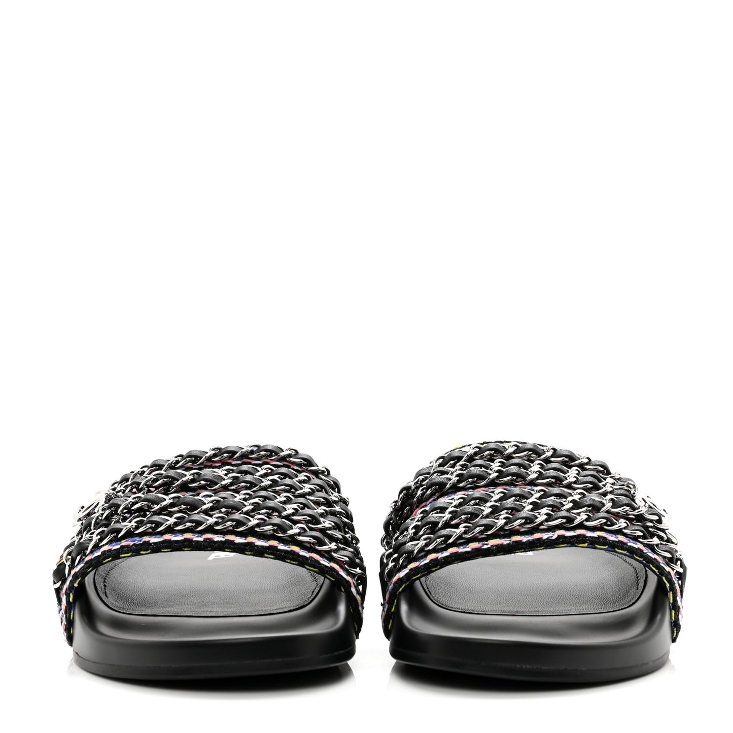 Tweed Lambskin Chain Flat Sandals 38 Black Multicolor
