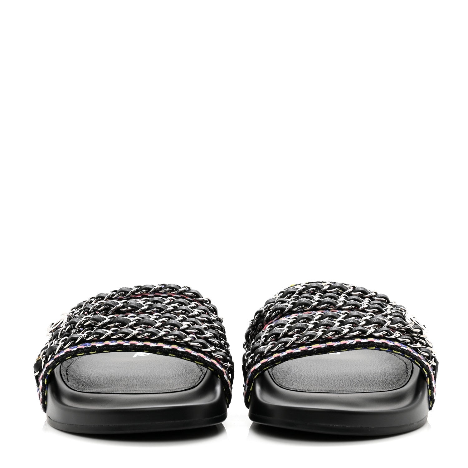 Chanel Tweed Lambskin Chain Flat Sandals 38 Black Multicolor 2 of 9