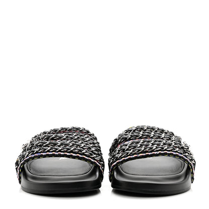 Chanel Tweed Lambskin Chain Flat Sandals 38 Black Multicolor 2 of 9