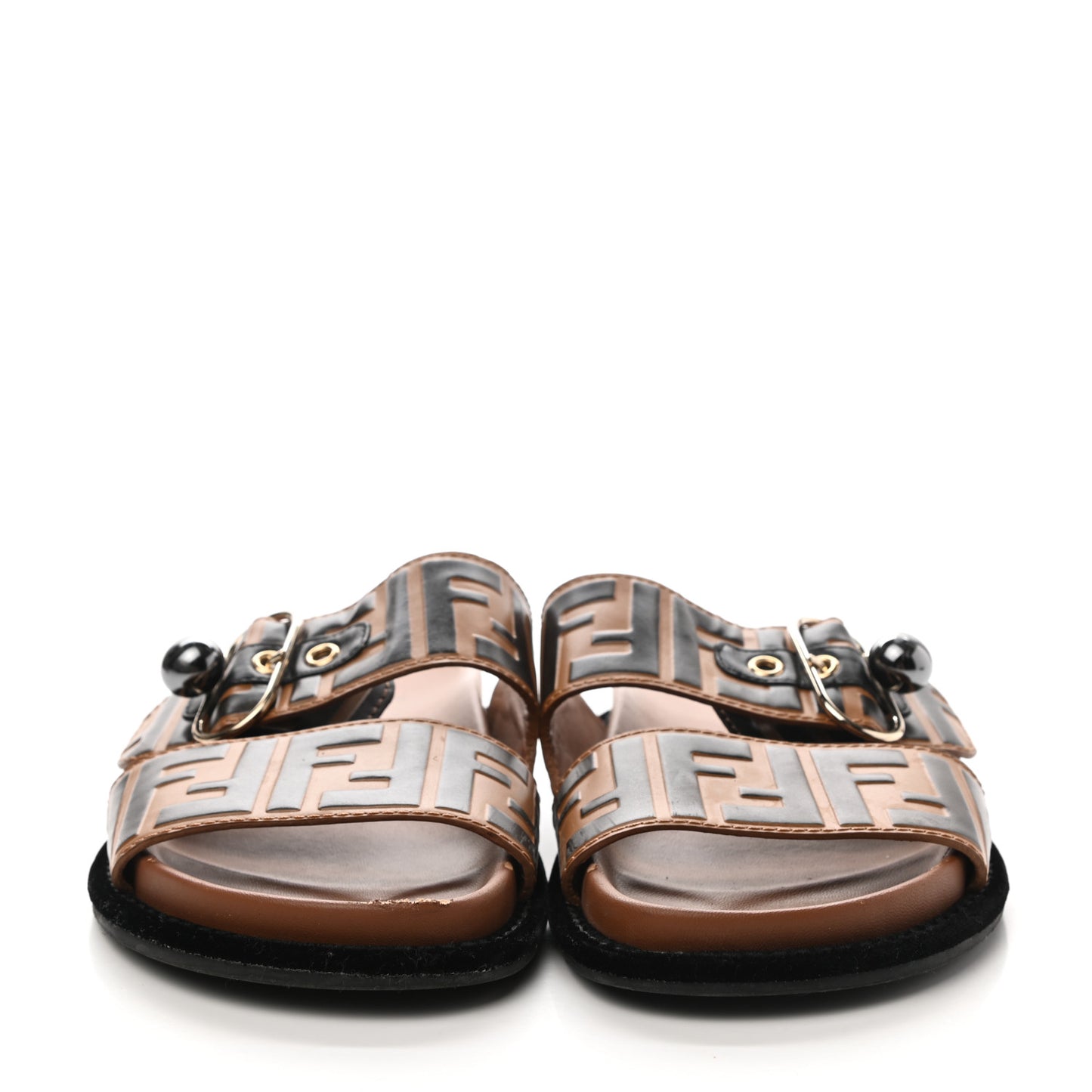 Calfskin FF Embossed Pearland Slide Sandals 36.5 Tobacco Moro