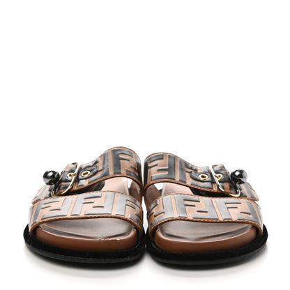 Fendi Calfskin FF Embossed Pearland Slide Sandals 36.5 Tobacco Moro 2 of 12