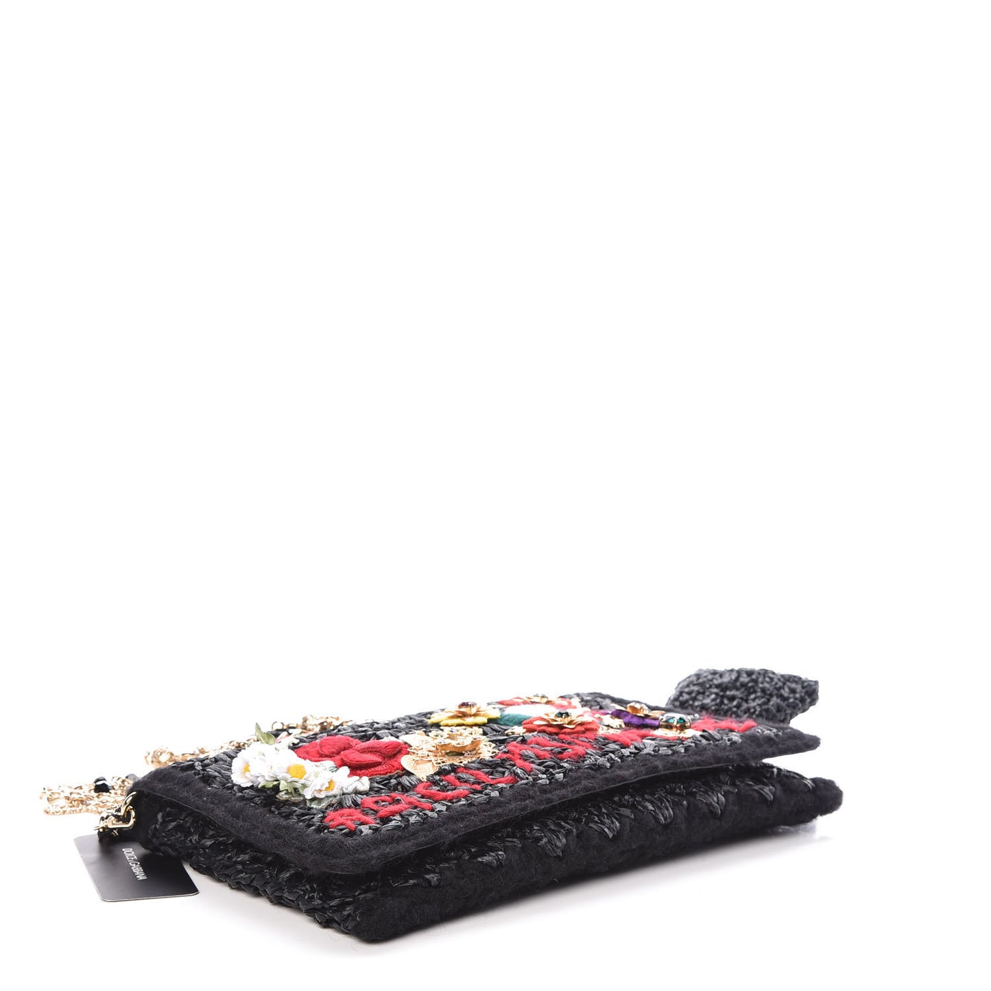 Woven Raffia Embellished Chain Flap Bag Black Multicolor