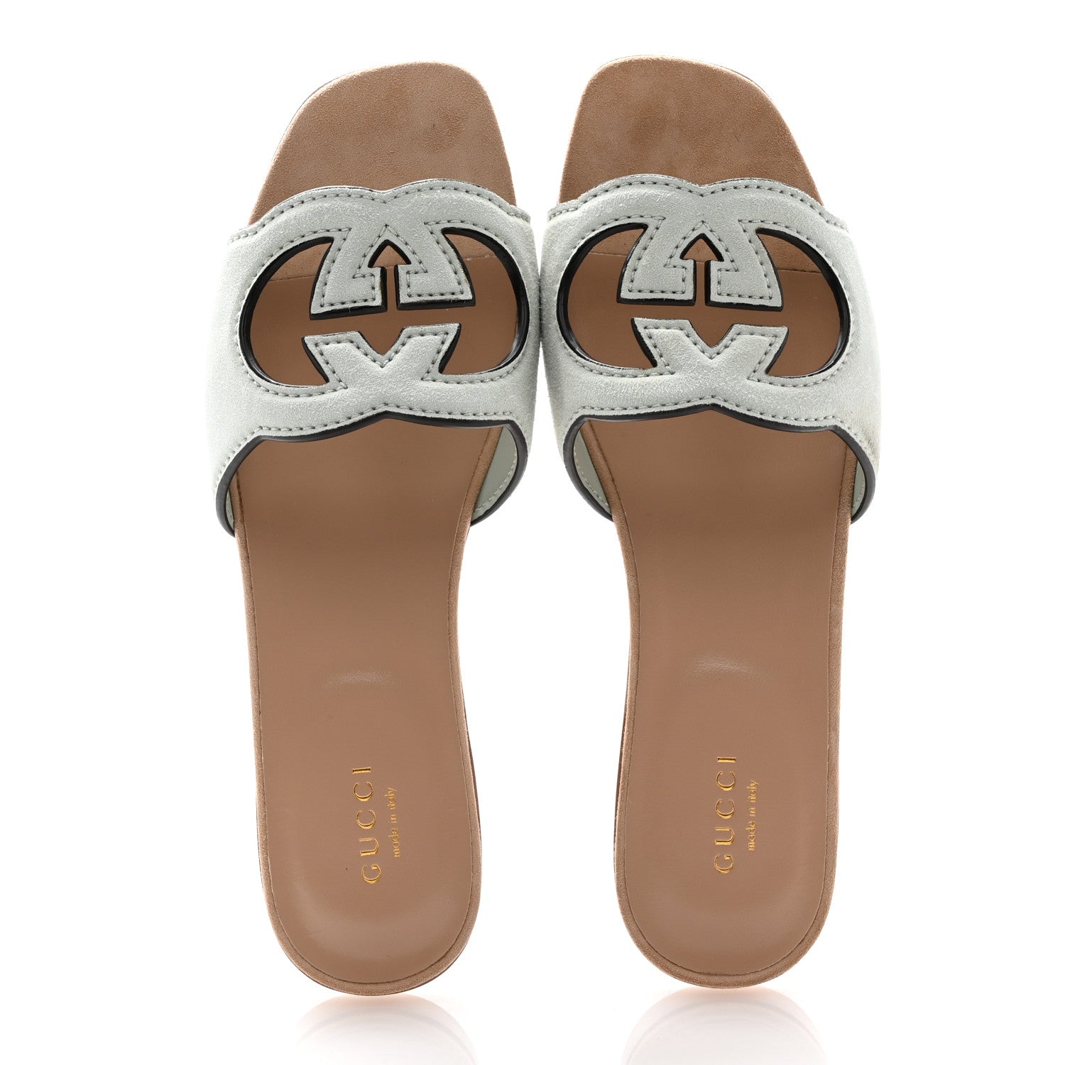 Gucci Kid Scamosciato Interlocking G Cut Out Slide Sandals 37 Salvy Green 2 of 9