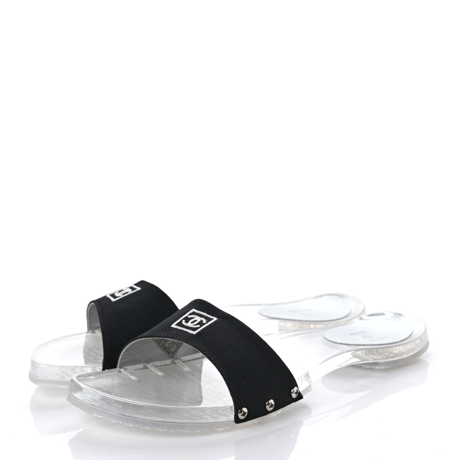 Chanel PVC Transparent Satin CC Flat Slide Sandals 37 White Black 3 of 8