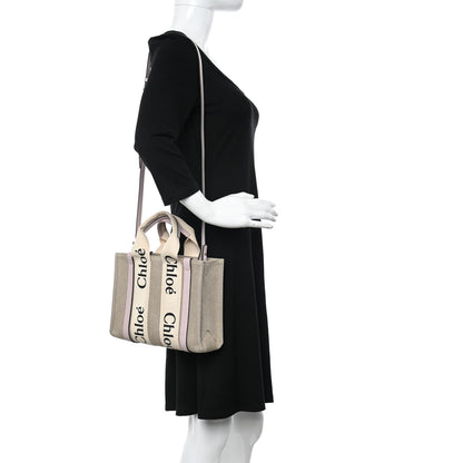 Chloe Linen Calfskin Small Woody Ribbon Tote With Strap White Pink 2 of 11