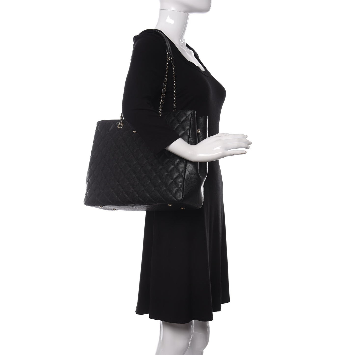Caviar Quilted Large Classic Shopping Tote Black