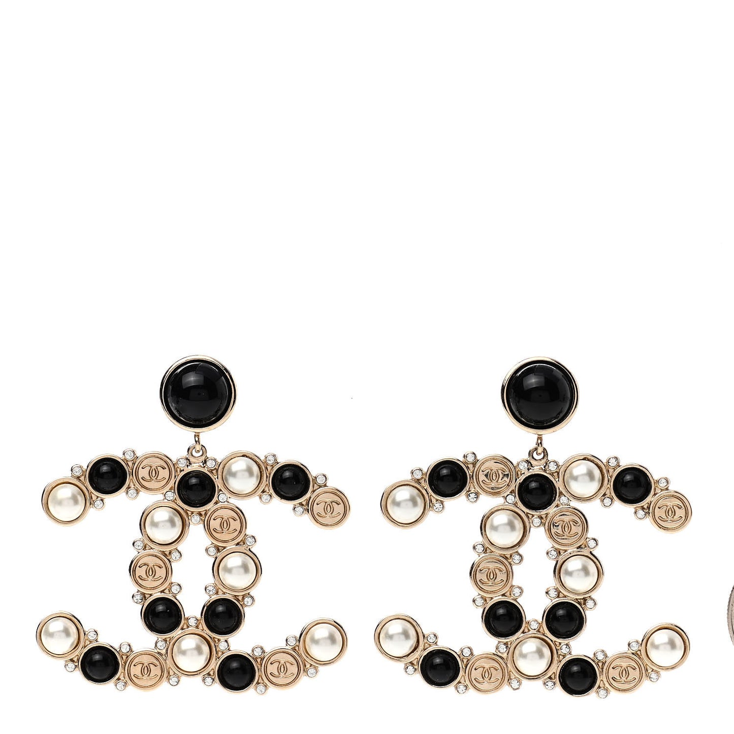 Crystal Pearl Metal Resin Polka Dot CC Drop Earrings Black Gold