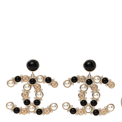 Chanel Crystal Pearl Metal Resin Polka Dot CC Drop Earrings Black Gold 1 of 5