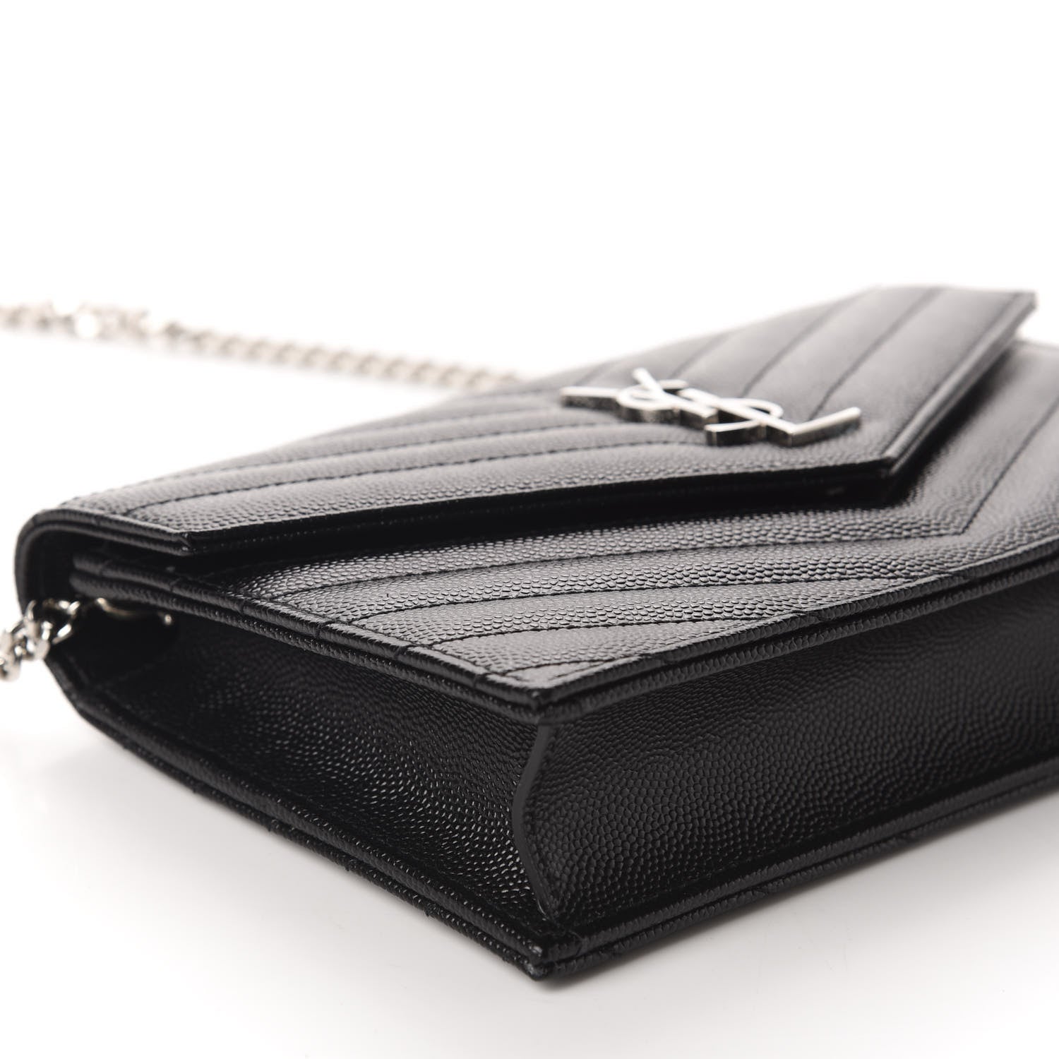 Saint Laurent Grain De Poudre Matelasse Chevron Monogram Envelope Chain Wallet Black 6 of 10