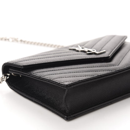 Saint Laurent Grain De Poudre Matelasse Chevron Monogram Envelope Chain Wallet Black 6 of 10
