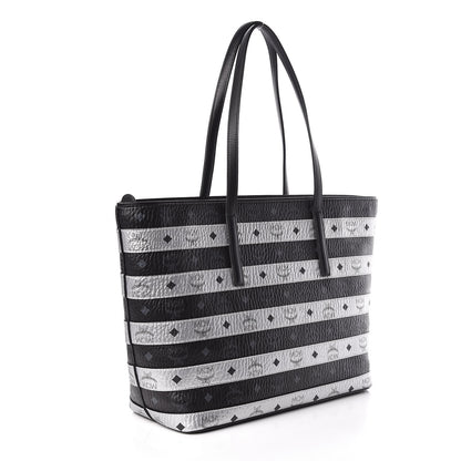 MCM Metallic Visetos Striped Medium Anya Shopper Tote Black Silver 3 of 11