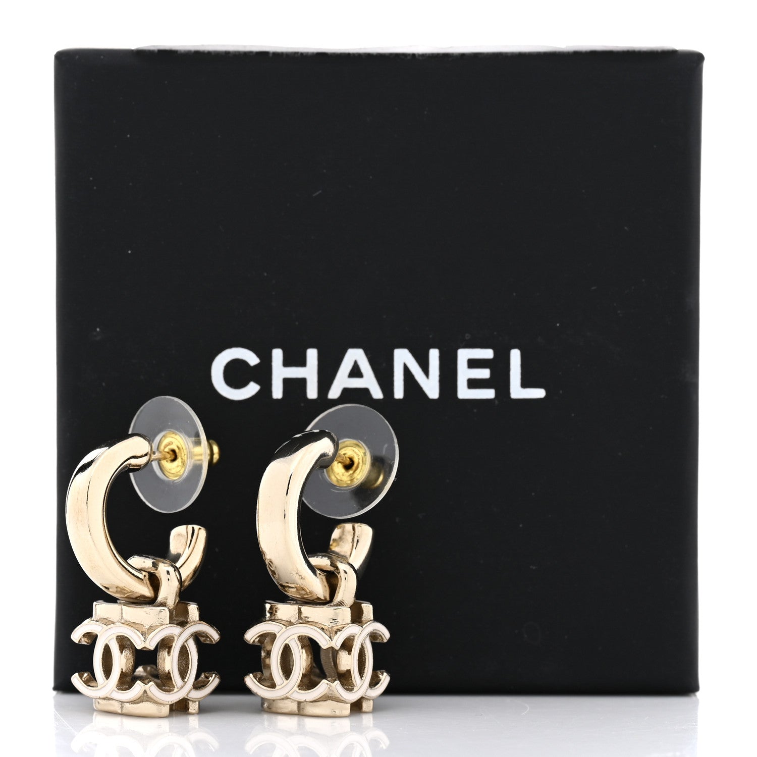 Chanel Enamel CC Cube Drop Earrings Gold White 6 of 6