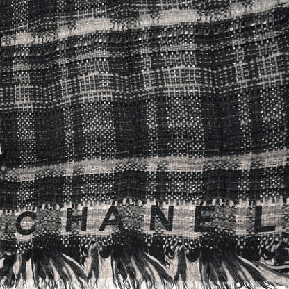Chanel Cashmere Silk Plaid CC Scarf Grey White 2 of 6